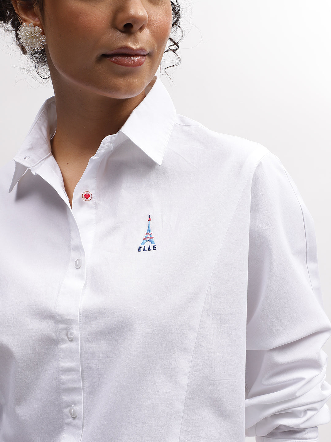 Elle Women White Solid Spread Collar Full Sleeves Shirt