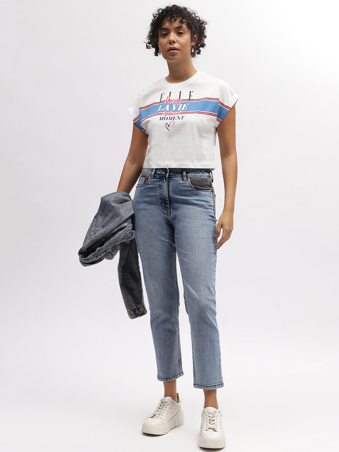 Elle Women White Printed Round Neck Short Sleeves T-Shirt