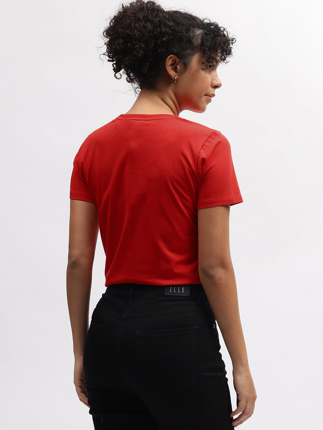 Elle Women Red Solid Round Neck Short Sleeves T-Shirt
