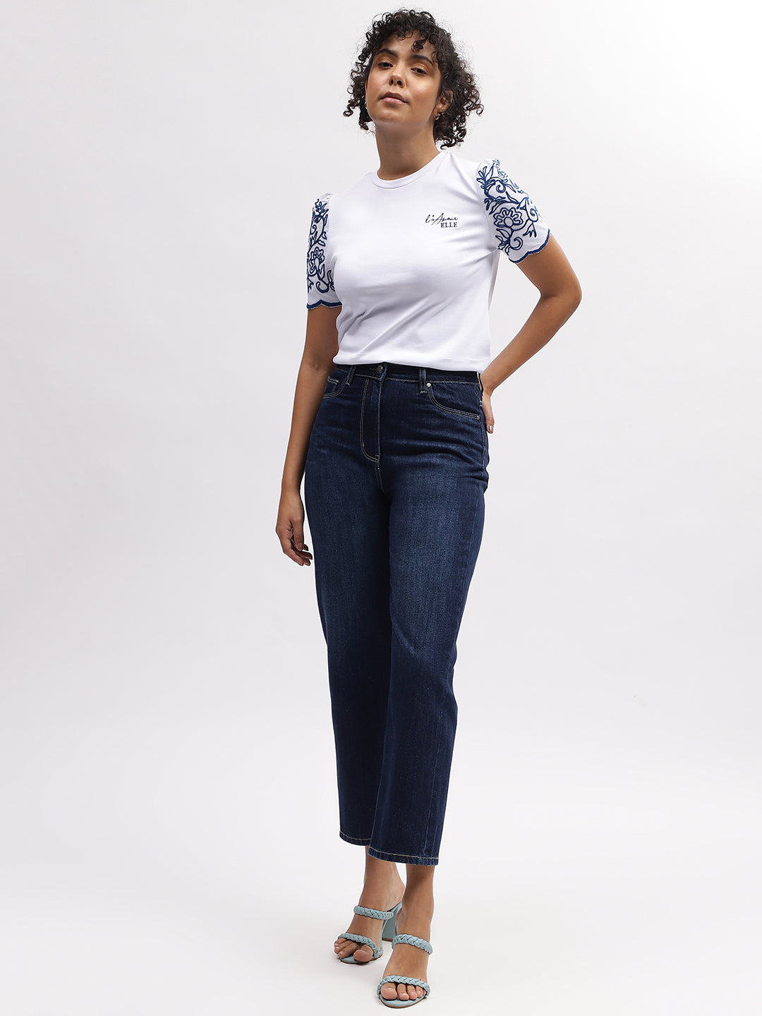 Elle Women White Solid Round Neck Short Sleeves T-Shirt