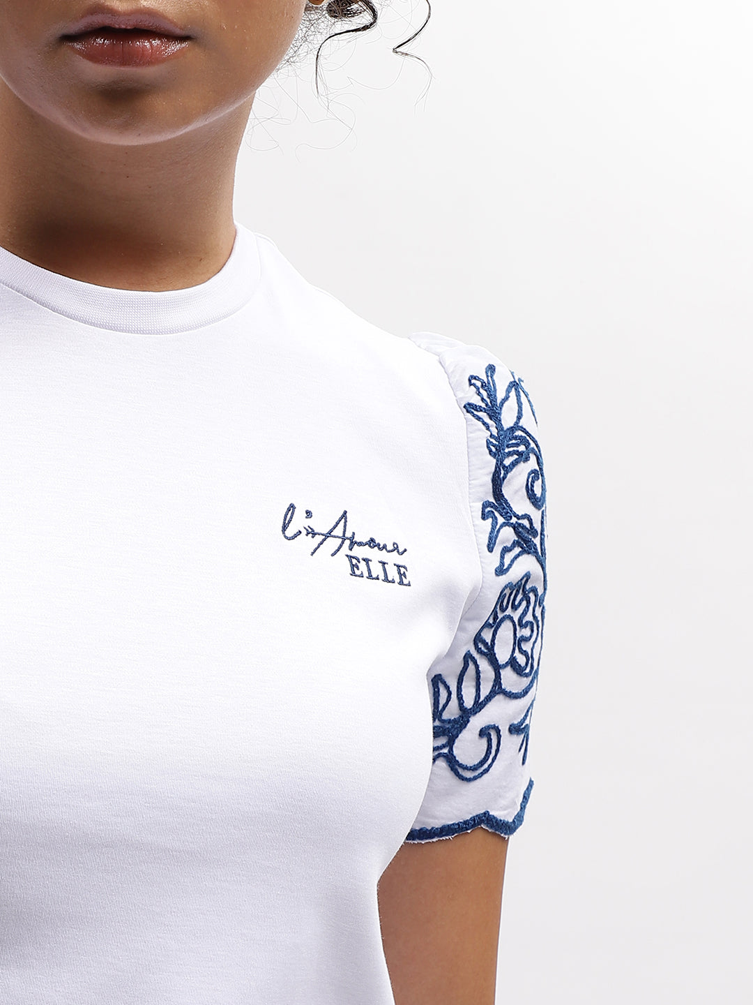 Elle Women White Solid Round Neck Short Sleeves T-Shirt
