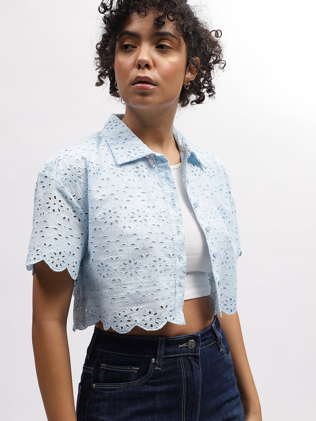 Elle Women Blue Embroidered Spread Collar Short Sleeves Top