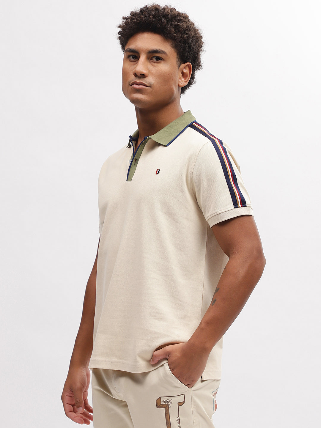 Iconic Men Beige Solid Polo Collar Short Sleeves T-Shirt