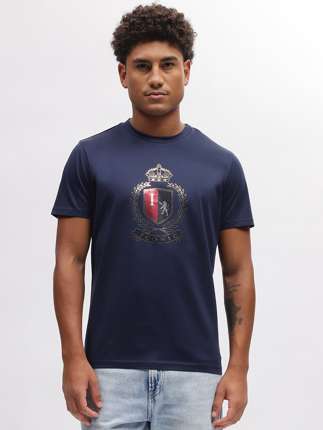 Iconic Men Navy Blue Solid Round Neck Short Sleeves T-Shirt