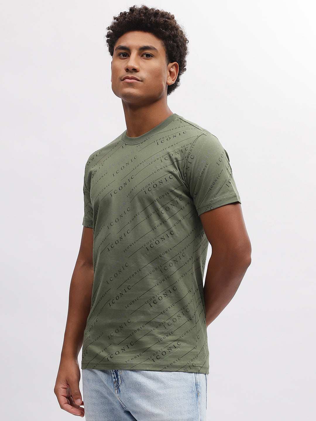 Iconic Men Olive Printed Round Neck Short Sleeves T-Shirt