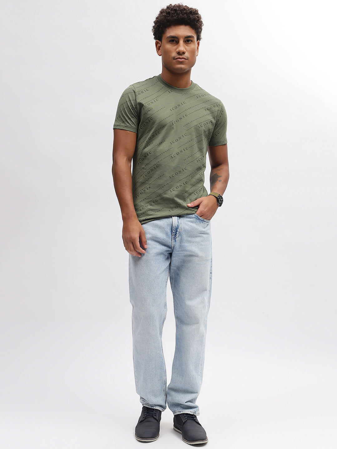 Iconic Men Olive Printed Round Neck Short Sleeves T-Shirt
