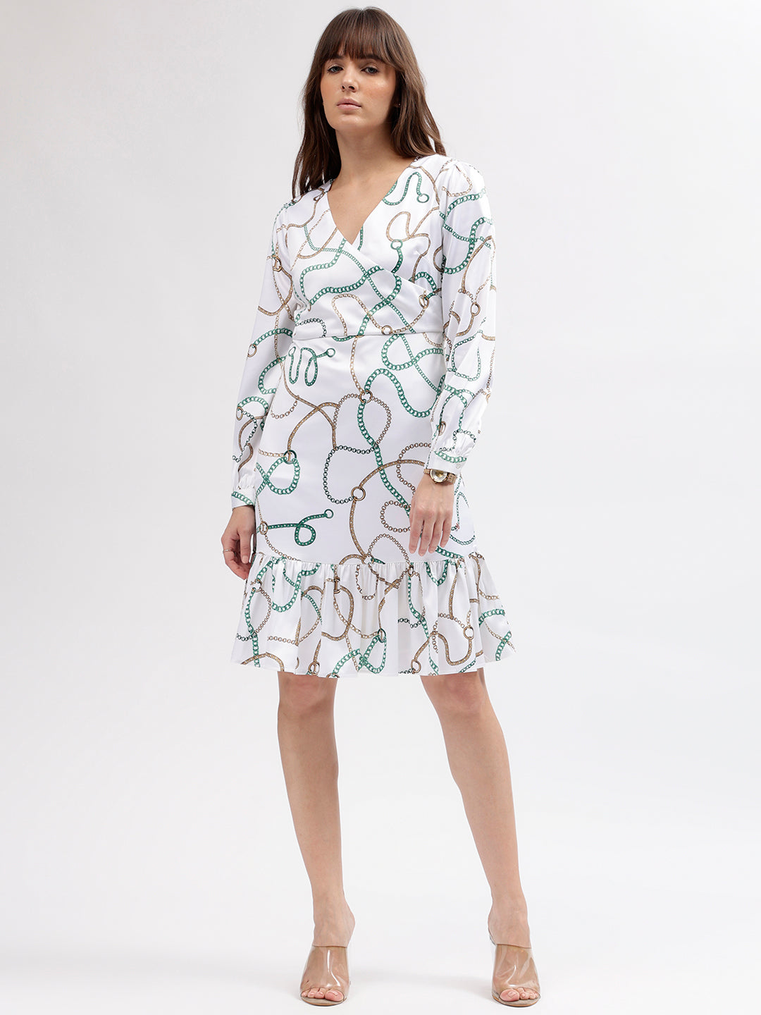 Iconic Women Multi Printed Wrap Neck Full Sleeves Dress