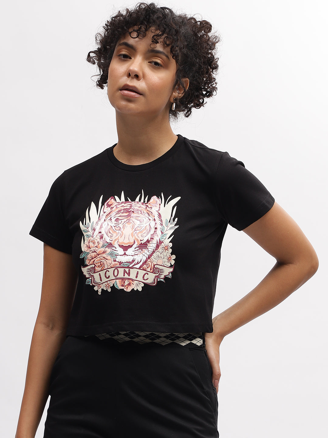 Iconic Women Black Printed Round Neck Short Sleeves T-Shirt