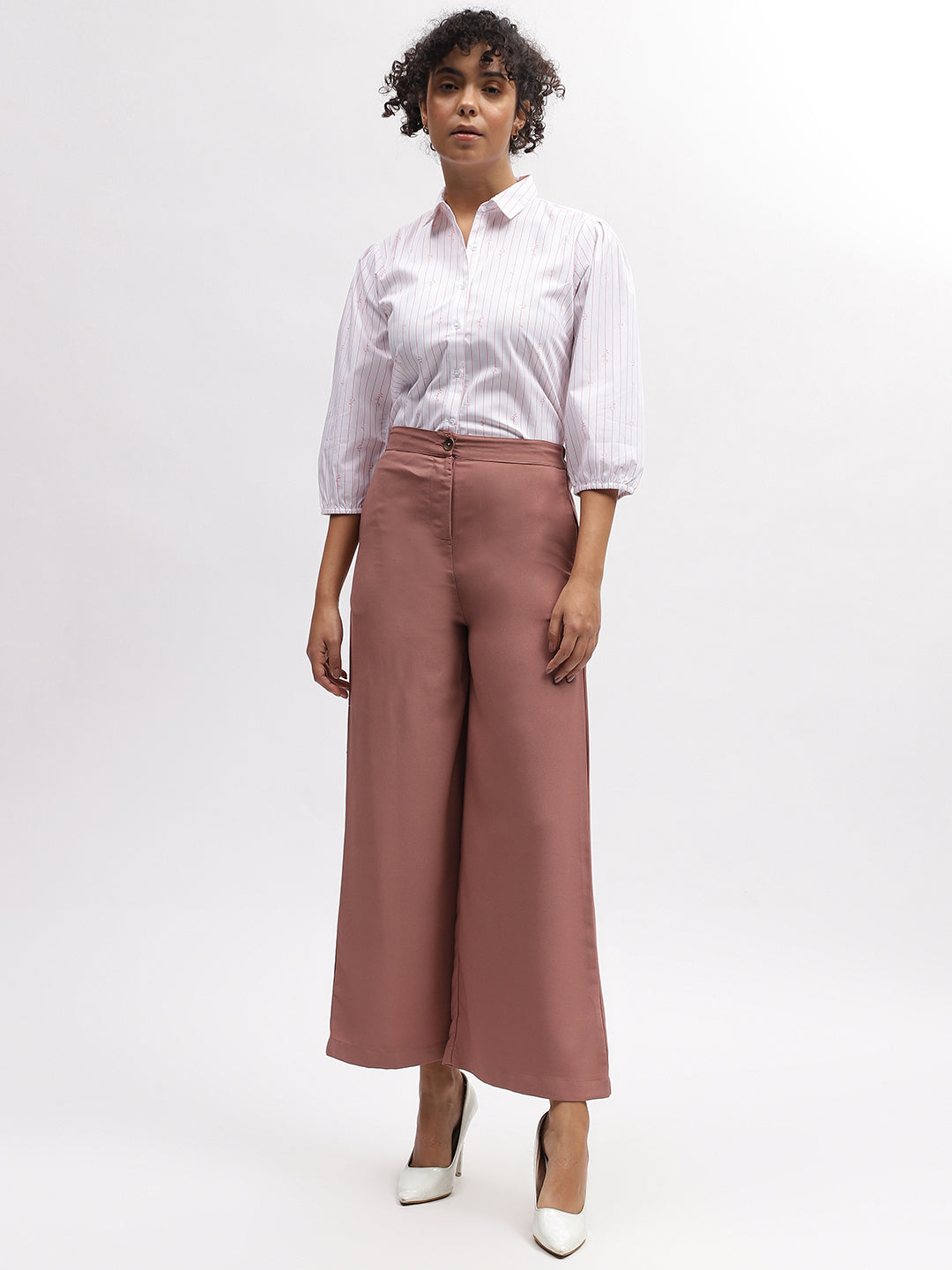 Iconic Women White Striped Spread Collar 3/4Th Sleeves Shirt