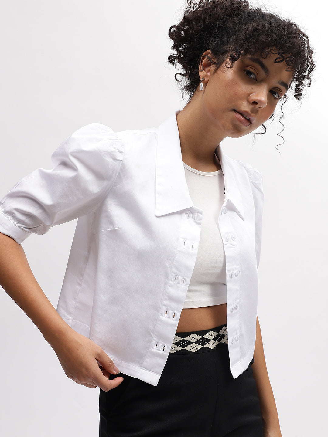 Iconic Women White Solid Spread Collar Short Sleeves Shirt