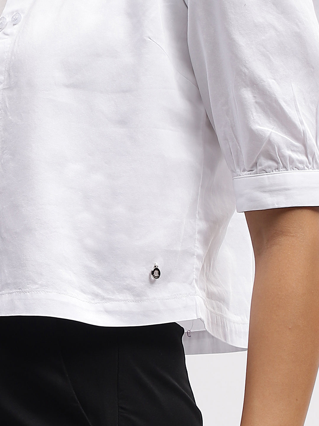 Iconic Women White Solid Spread Collar Short Sleeves Shirt