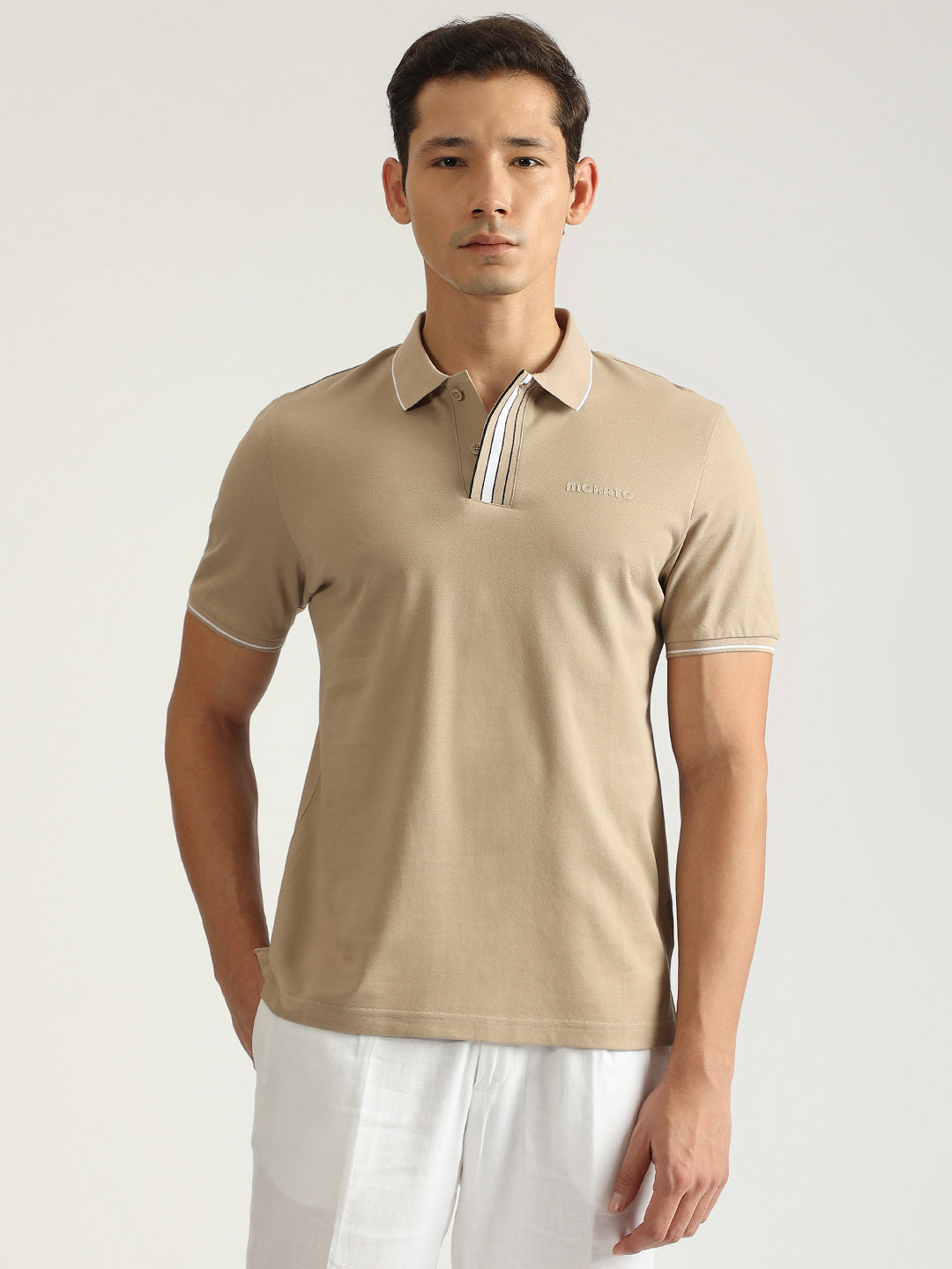 Antony Morato Men Beige Solid Collared Short Sleeves Polo Tshirt