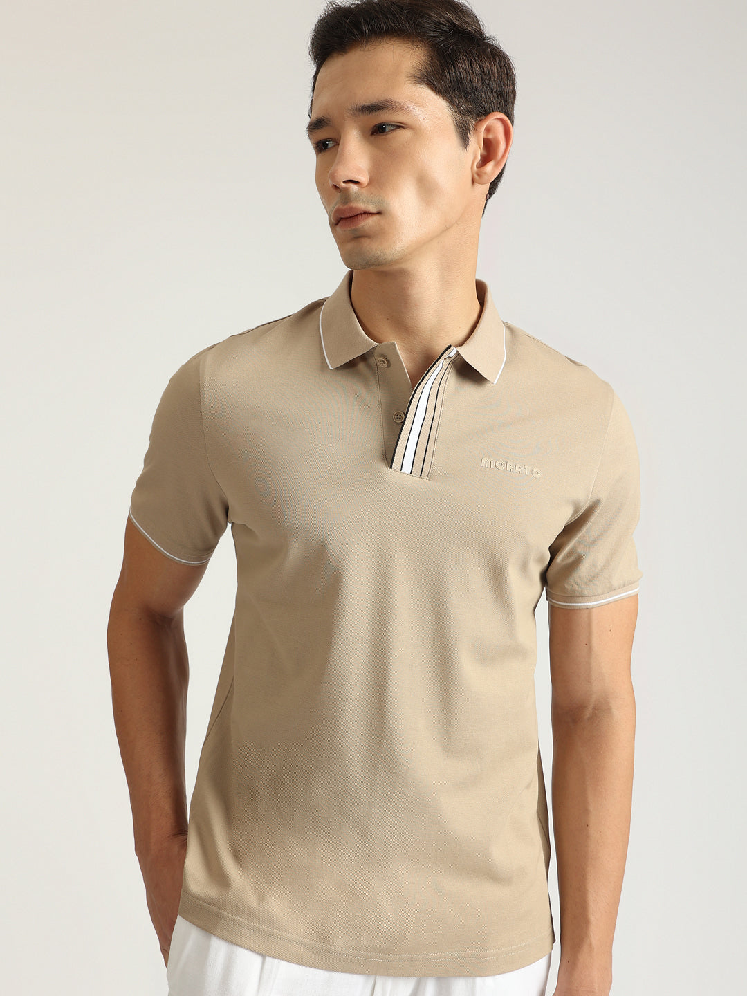 Antony Morato Men Beige Solid Collared Short Sleeves Polo Tshirt