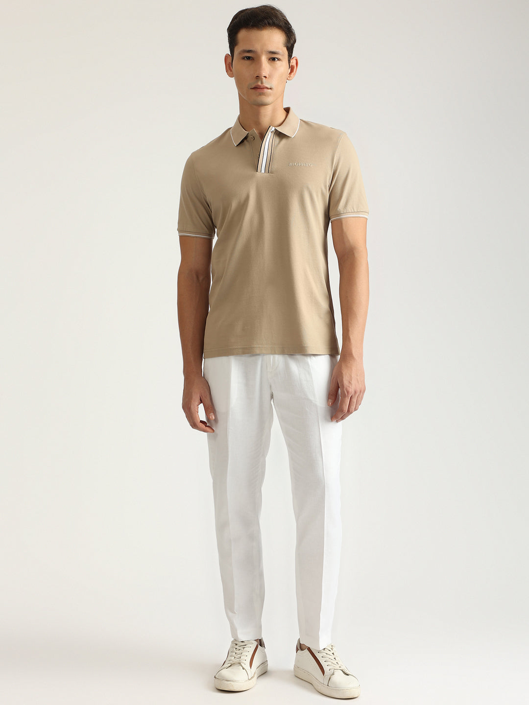 Antony Morato Men Beige Solid Collared Short Sleeves Polo Tshirt