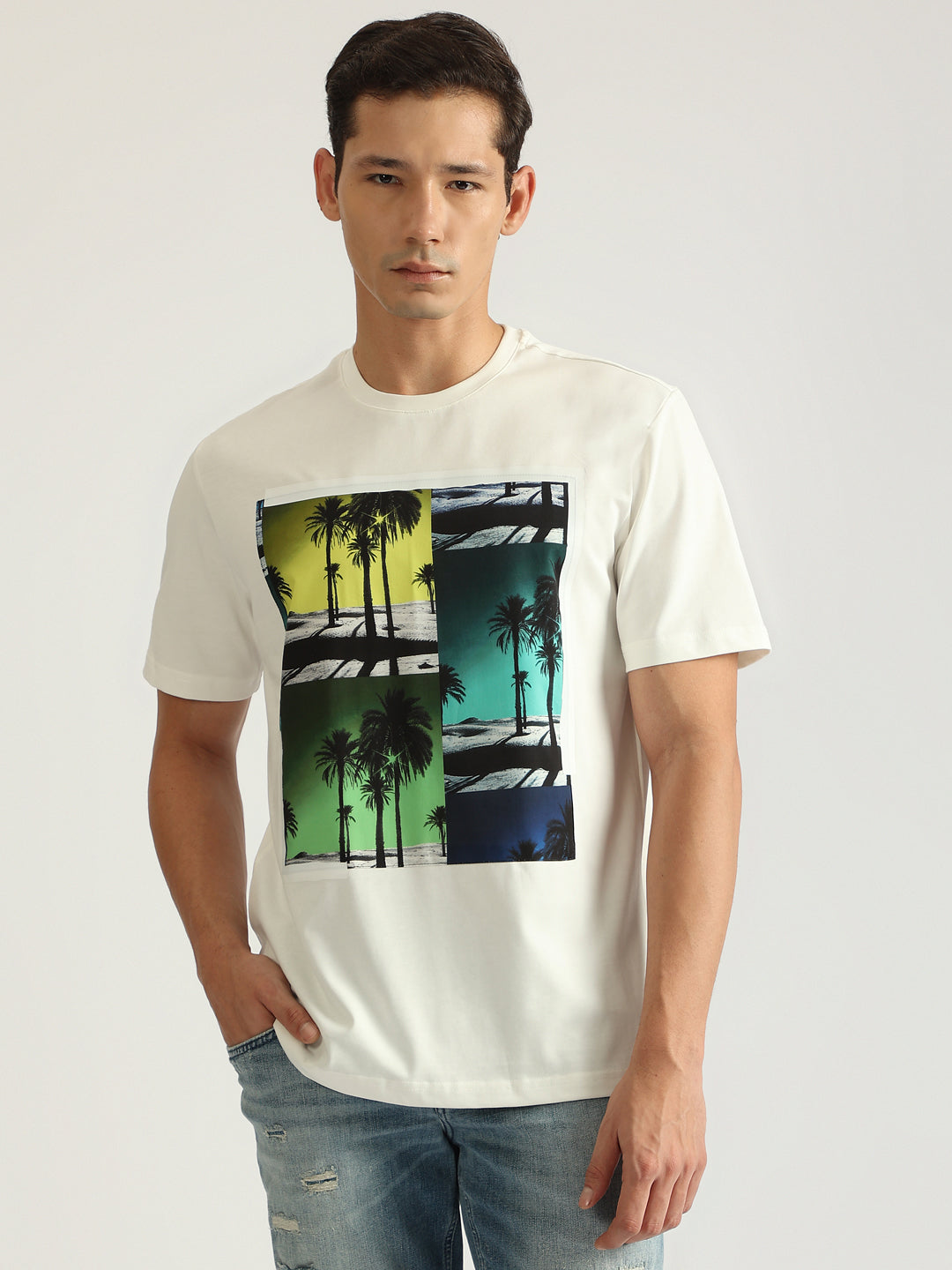 Antony Morato Men Off White Printed Round Neck Short Sleeves Tshirt