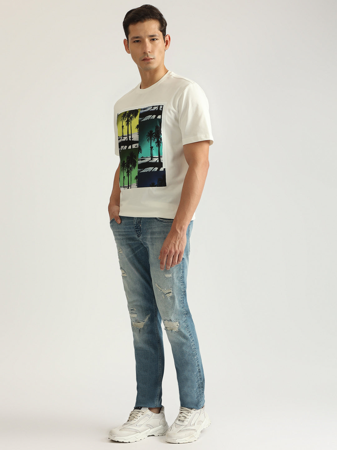 Antony Morato Men Off White Printed Round Neck Short Sleeves Tshirt