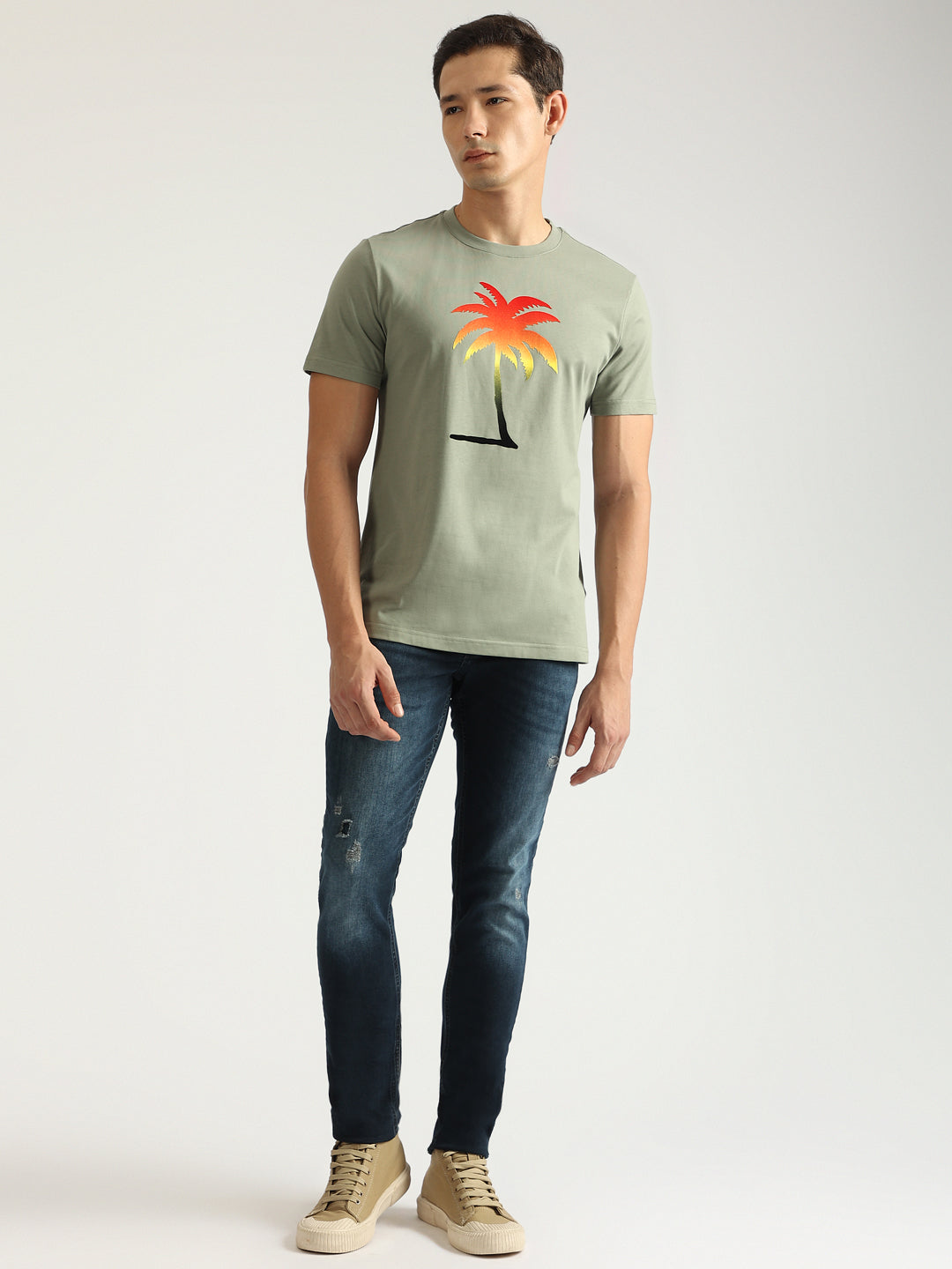 Antony Morato Men Green Printed Round Neck Short Sleeves Tshirt