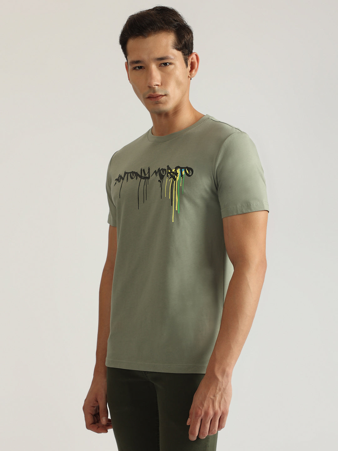 Antony Morato Men Green Printed Round Neck Short Sleeves Tshirt