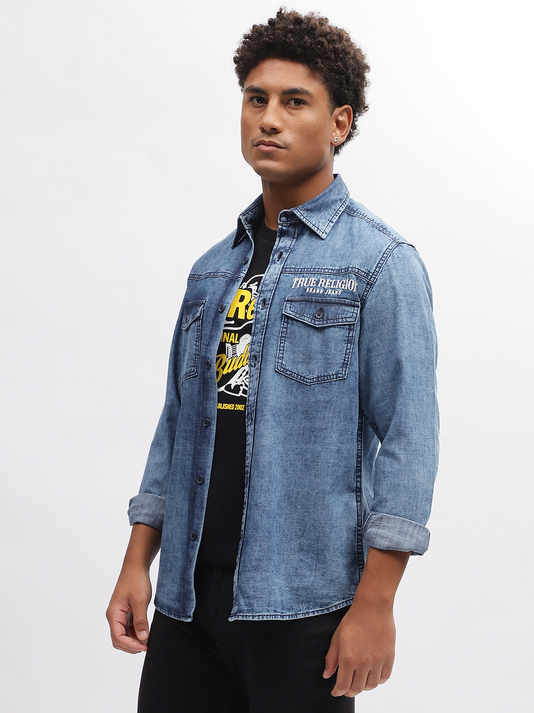 True Religion Men Blue Solid Spread Collar Full Sleeves Shirt