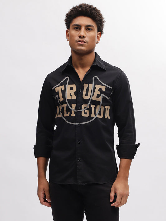 True Religion Men Black Solid Spread Collar Full Sleeves Shirt