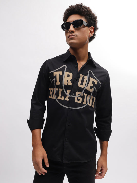 True Religion Men Black Solid Spread Collar Full Sleeves Shirt