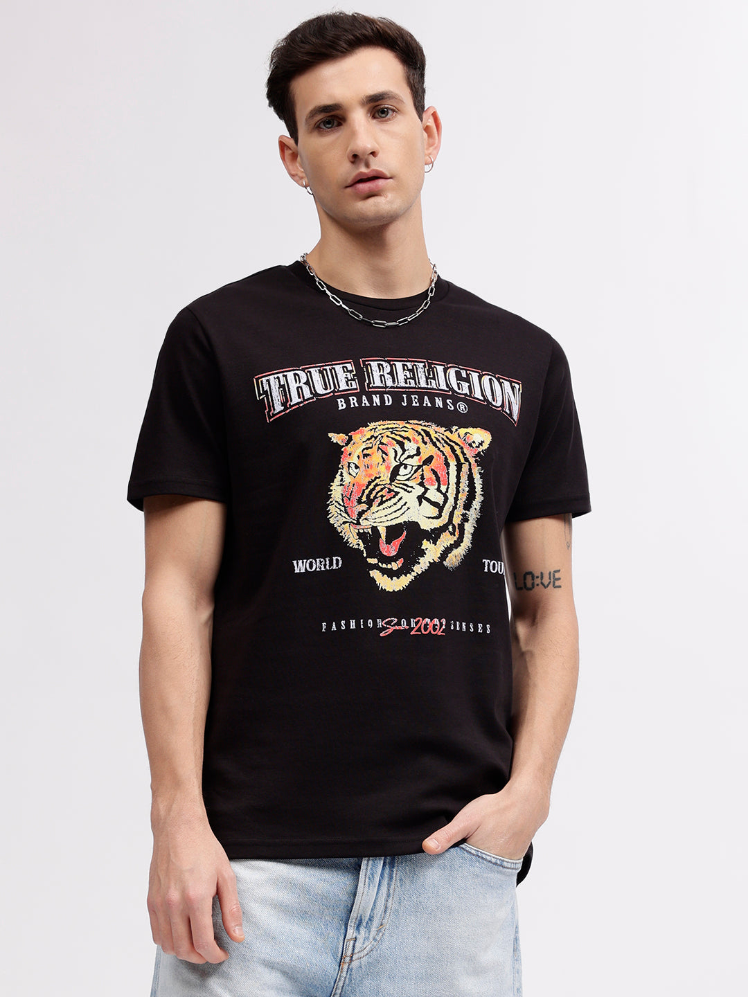 True Religion Men Black Animal Print Round Neck Short Sleeves T-shirt