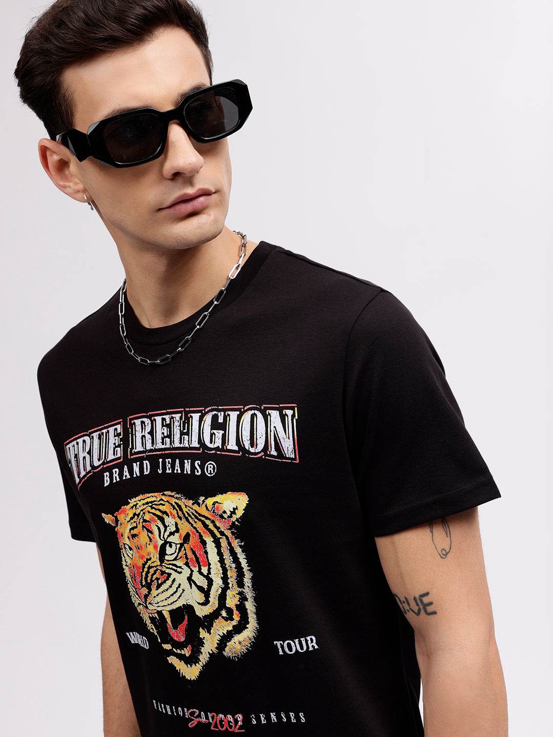 True Religion Men Black Animal Print Round Neck Short Sleeves T-shirt