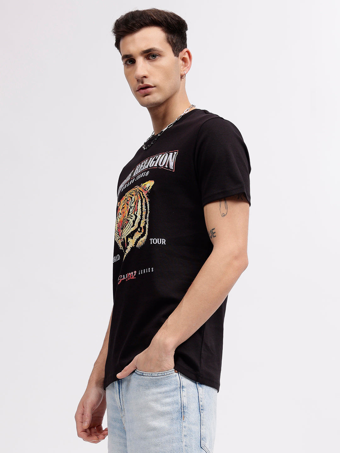 True Religion Men Black Animal Print Round Neck Short Sleeves T-shirt