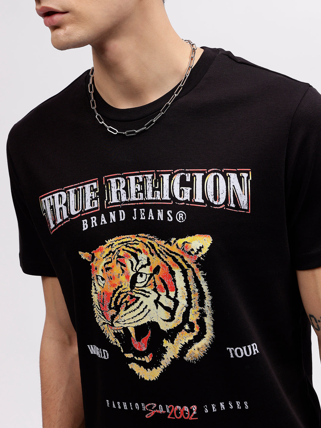 True Religion Men Black Animal Print Round Neck Short Sleeves T-shirt