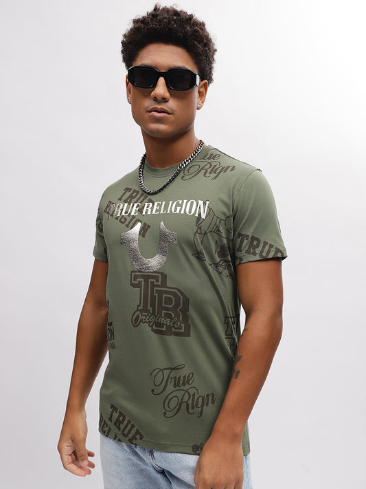 True Religion Men Green Printed Round Neck Short Sleeves T-Shirt