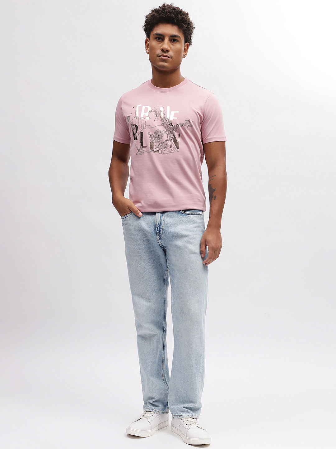 True Religion Men Pink Printed Round Neck Short Sleeves T-Shirt