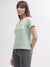True Religion Women Green Solid V Neck Short Sleeves T-shirt