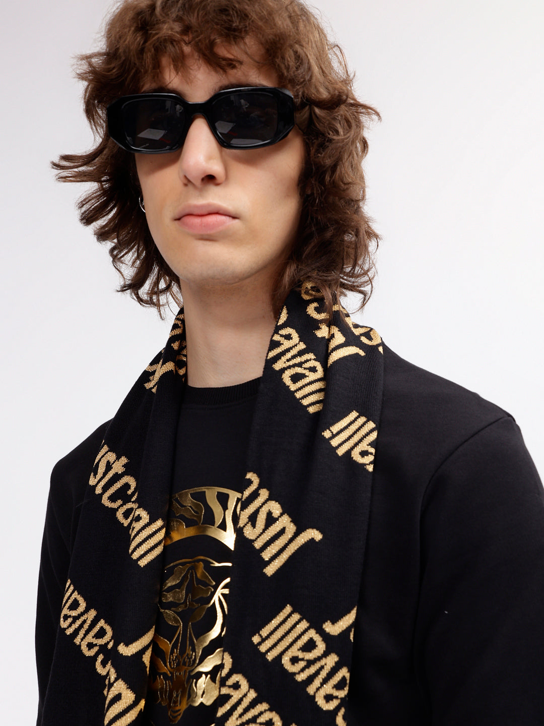 Just Cavalli Men Black Printed Typography Muffler