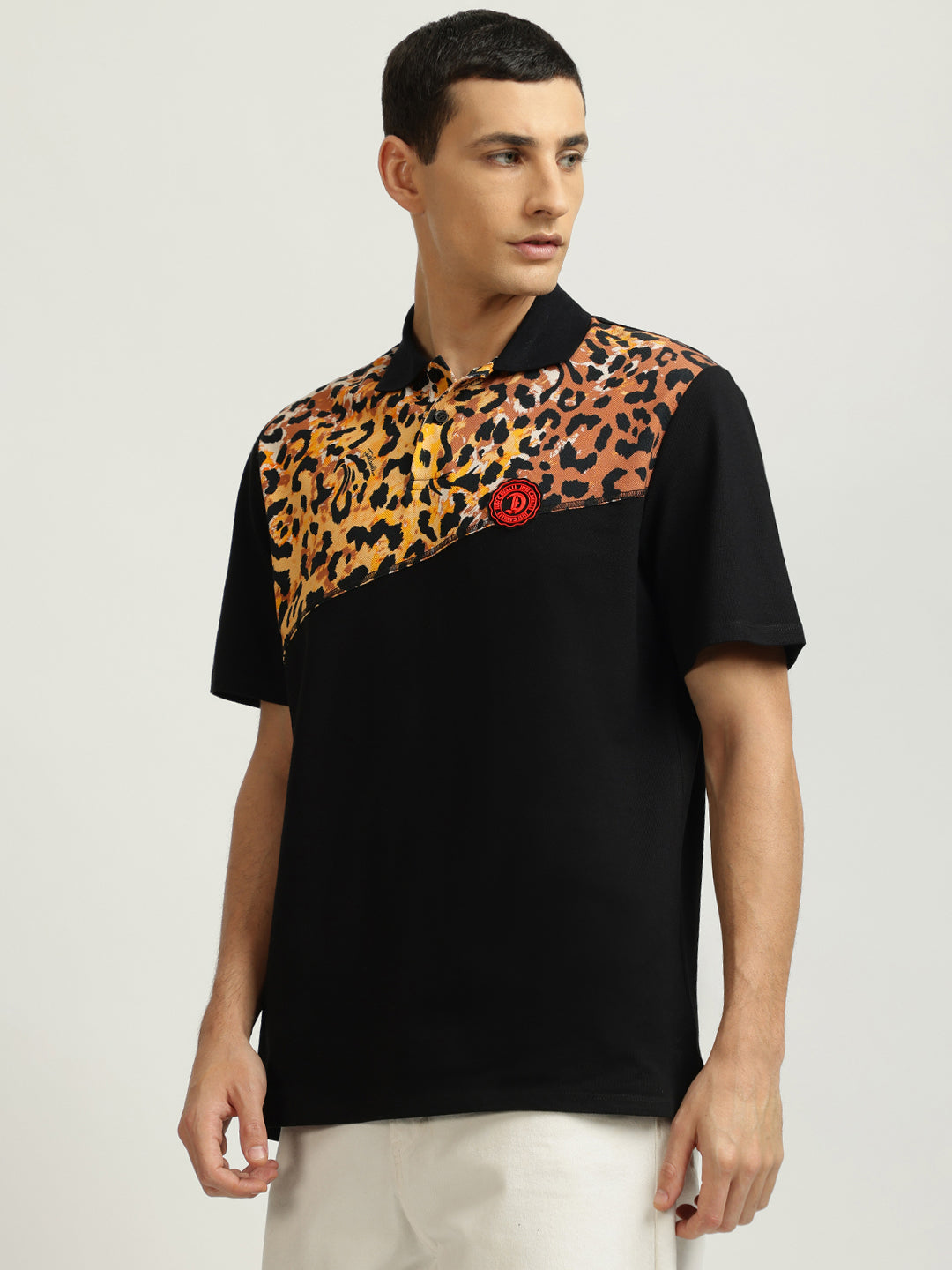 Just Cavalli Men Black Printed Polo Collar Short Sleeves Tshirt