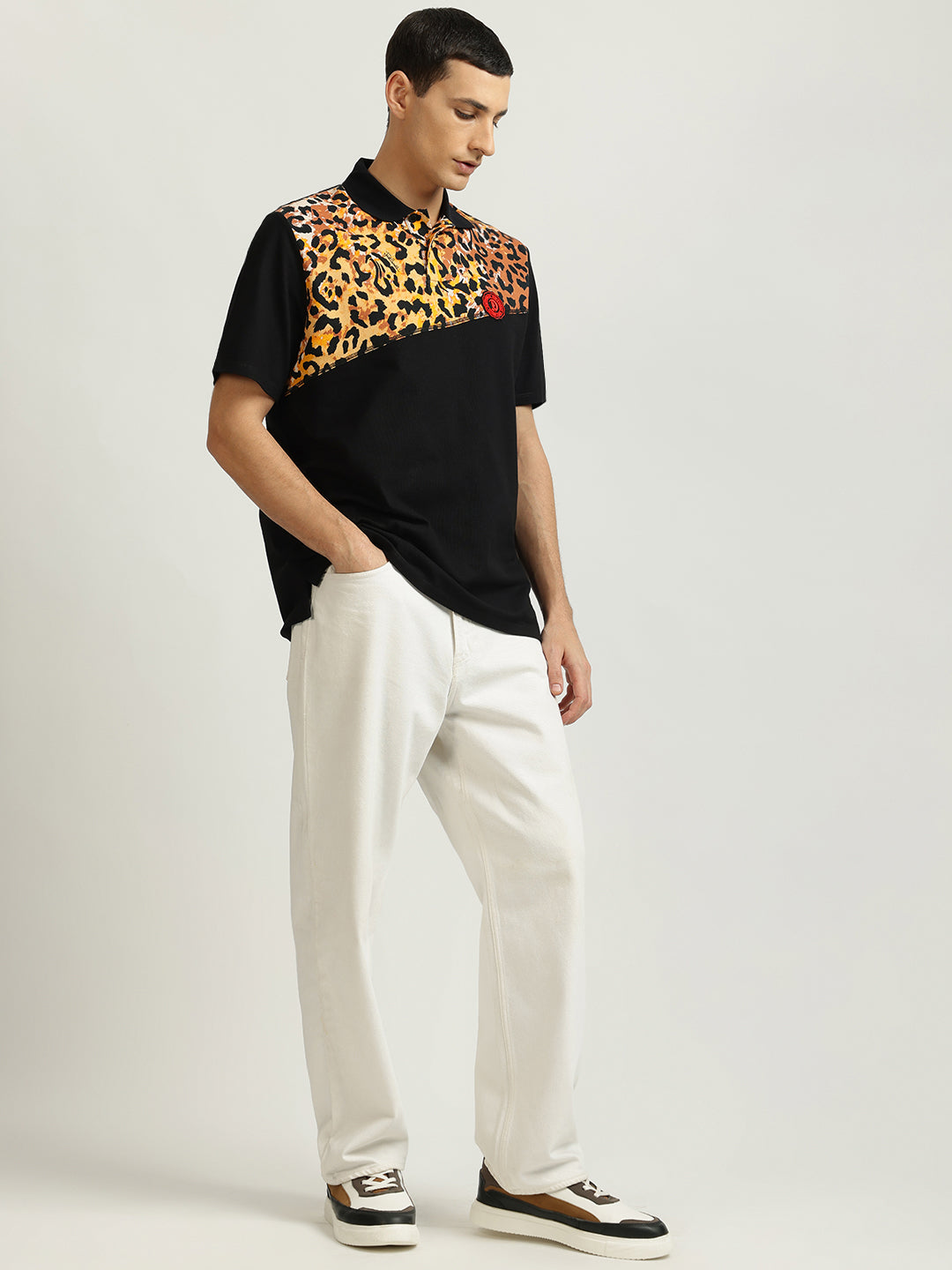 Just Cavalli Men Black Printed Polo Collar Short Sleeves Tshirt