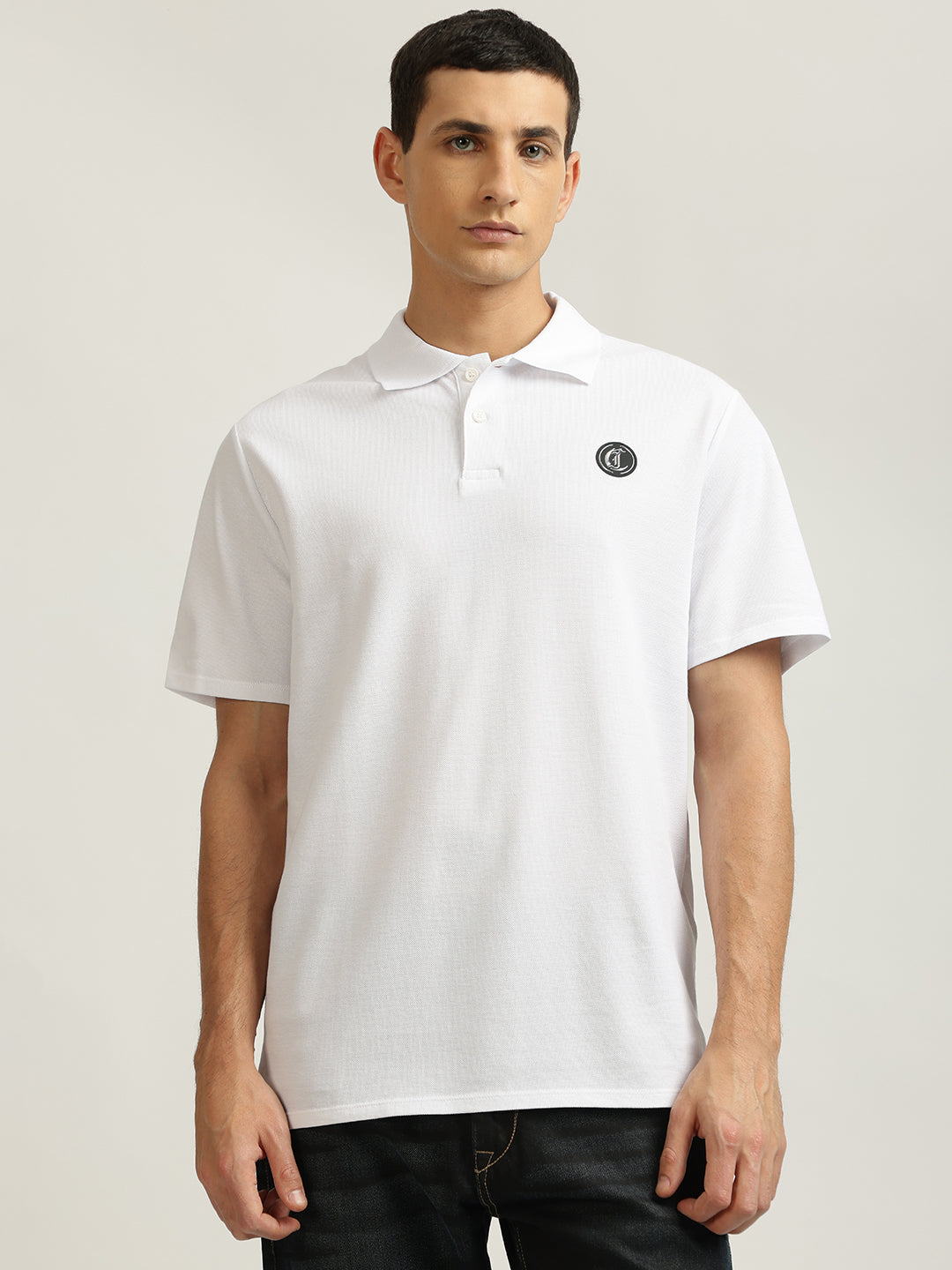 Just Cavalli Men White Solid Polo Collar Short Sleeves Tshirt