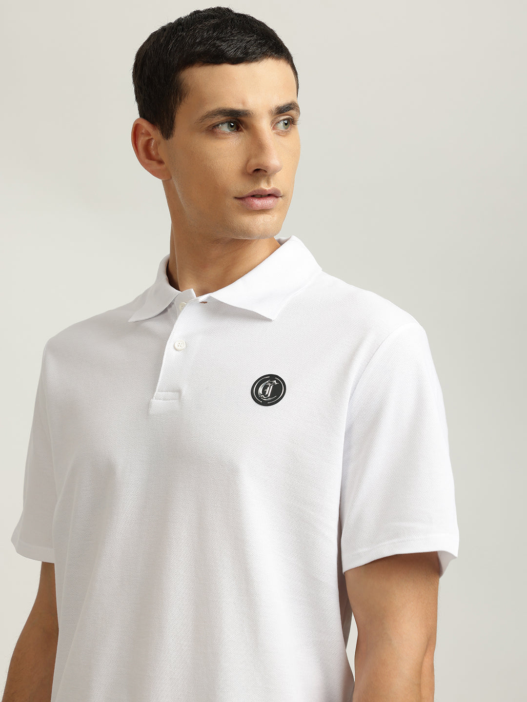 Just Cavalli Men White Solid Polo Collar Short Sleeves Tshirt