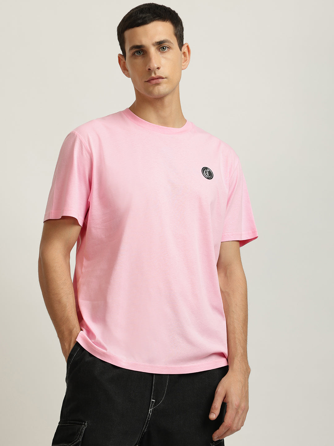 Just Cavalli Men Pink Solid Round Neck Short Sleeves Tshirt