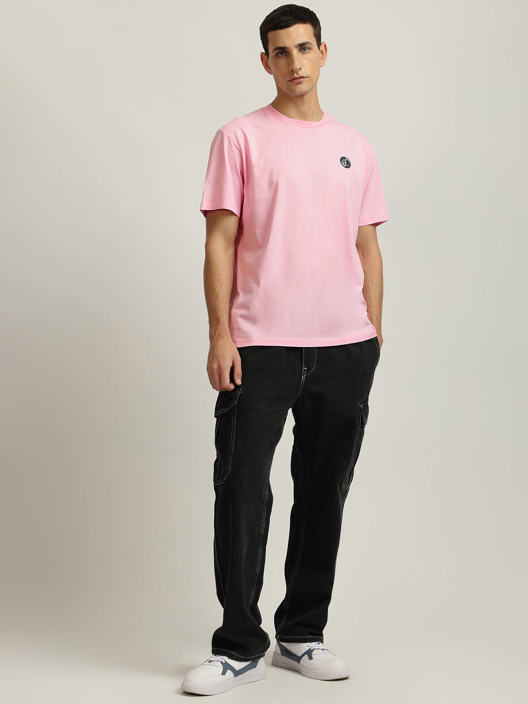 Just Cavalli Men Pink Solid Round Neck Short Sleeves Tshirt