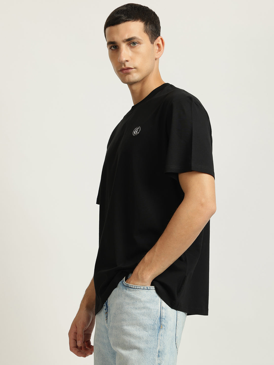 Just Cavalli Men Black Solid Round Neck Short Sleeves Tshirt