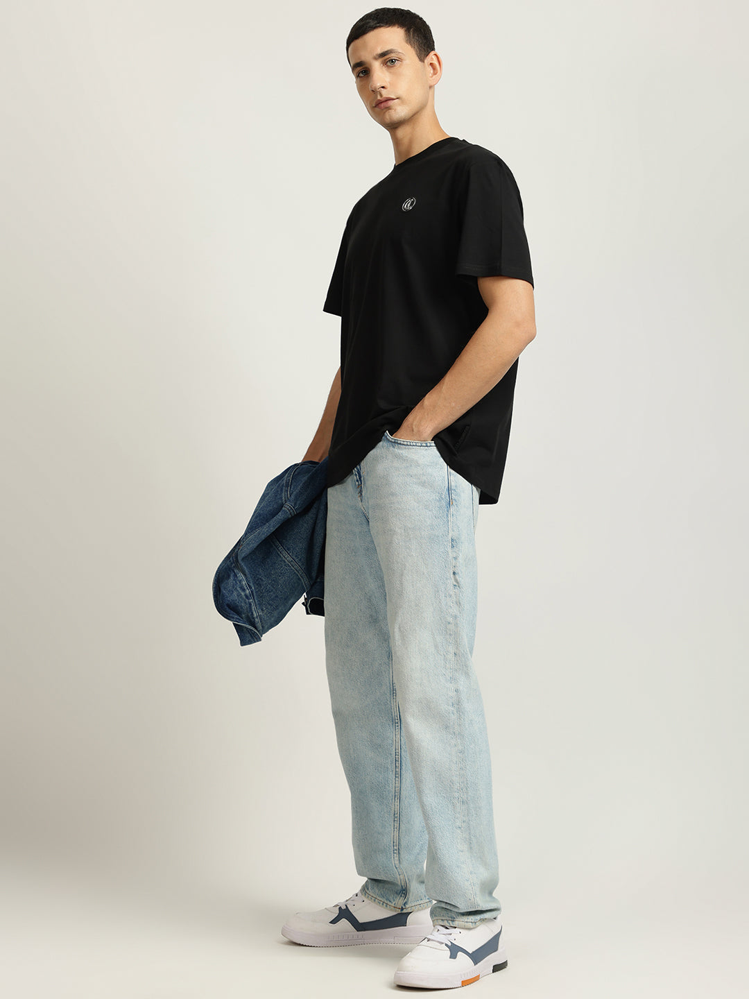 Just Cavalli Men Black Solid Round Neck Short Sleeves Tshirt