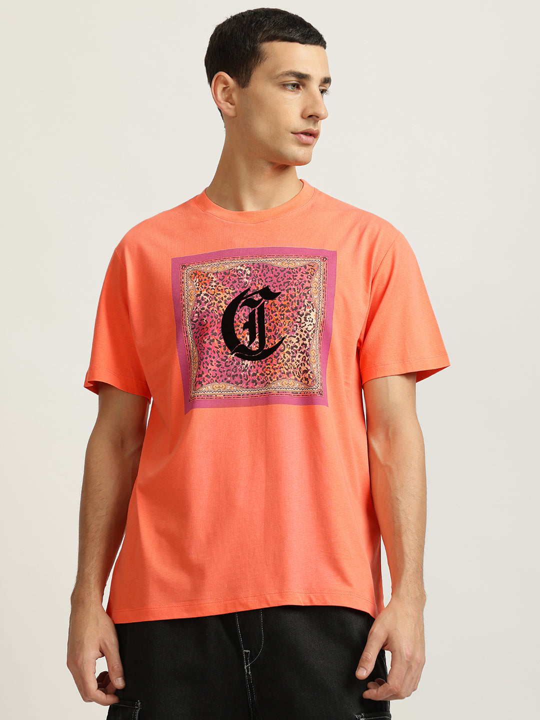 Just Cavalli Men Coral Printed Round Neck Short Sleeves Tshirt