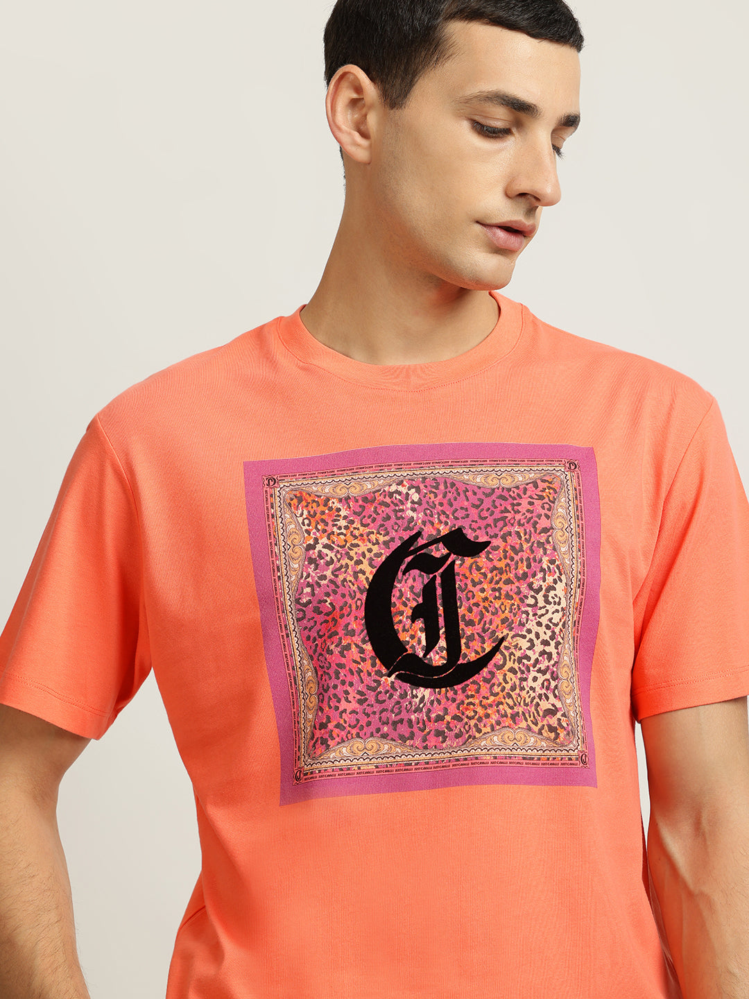 Just Cavalli Men Coral Printed Round Neck Short Sleeves Tshirt
