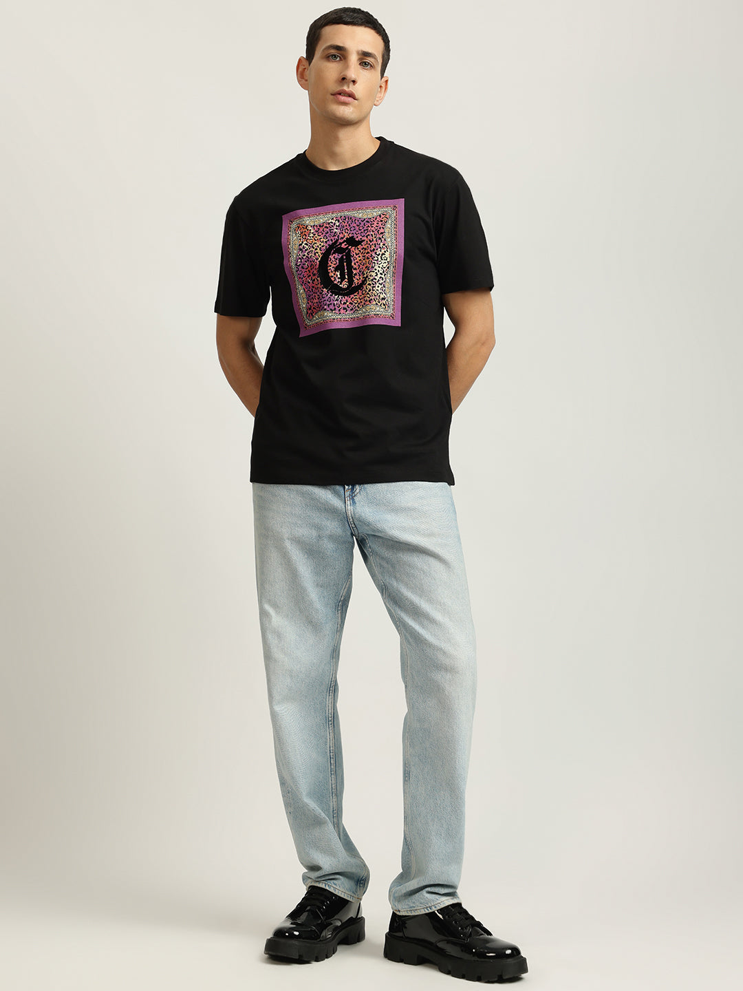 Just Cavalli Men Black Printed Round Neck Short Sleeves Tshirt