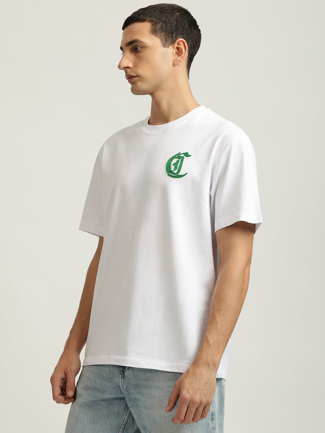 Just Cavalli Men White Solid Round Neck Short Sleeves Tshirt