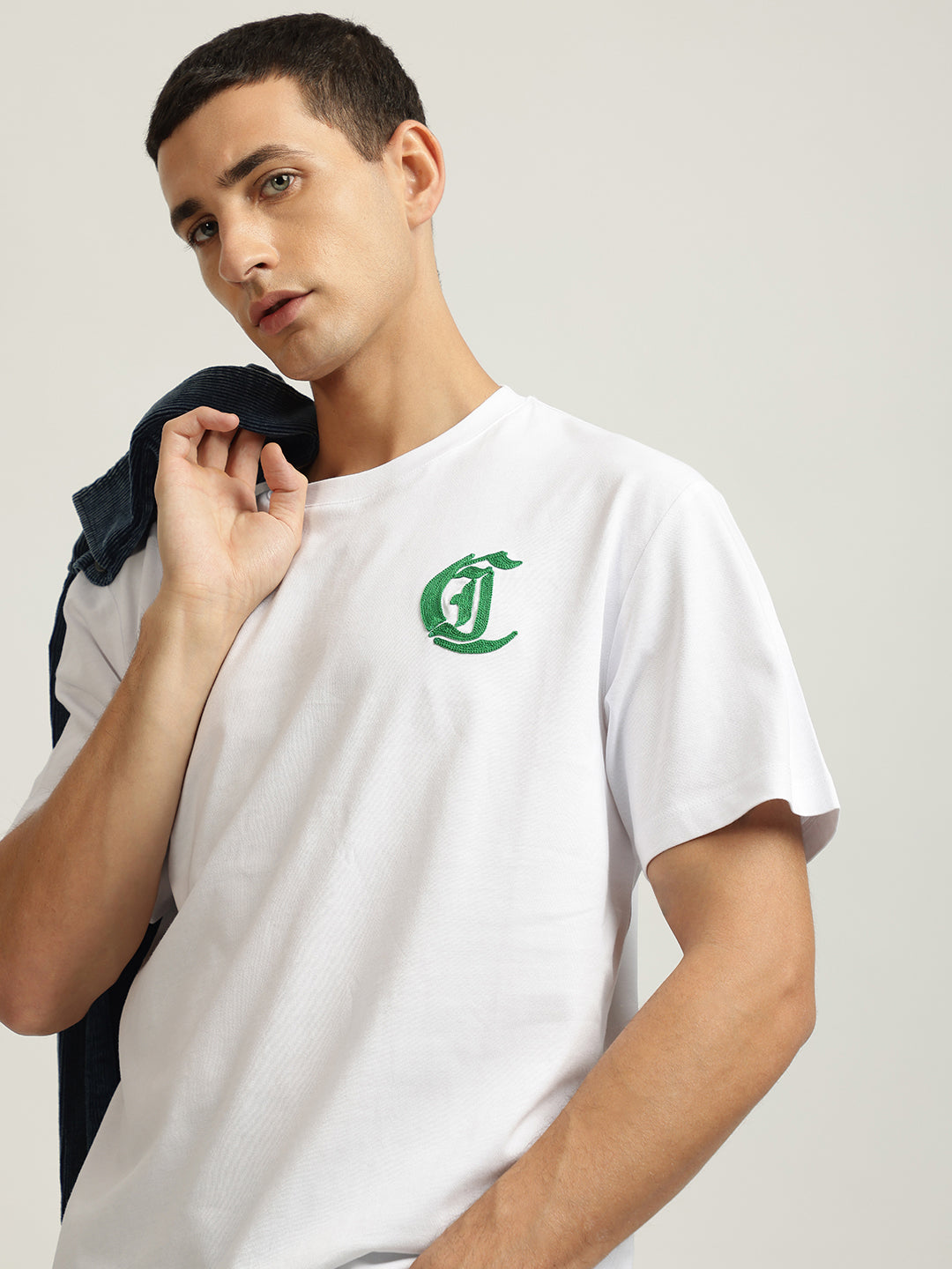 Just Cavalli Men White Solid Round Neck Short Sleeves Tshirt