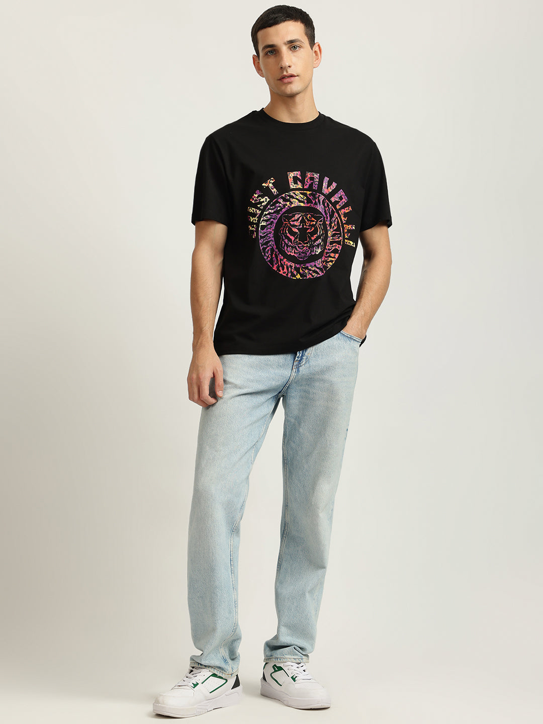 Just Cavalli Men Black Printed Round Neck Short Sleeves Tshirt