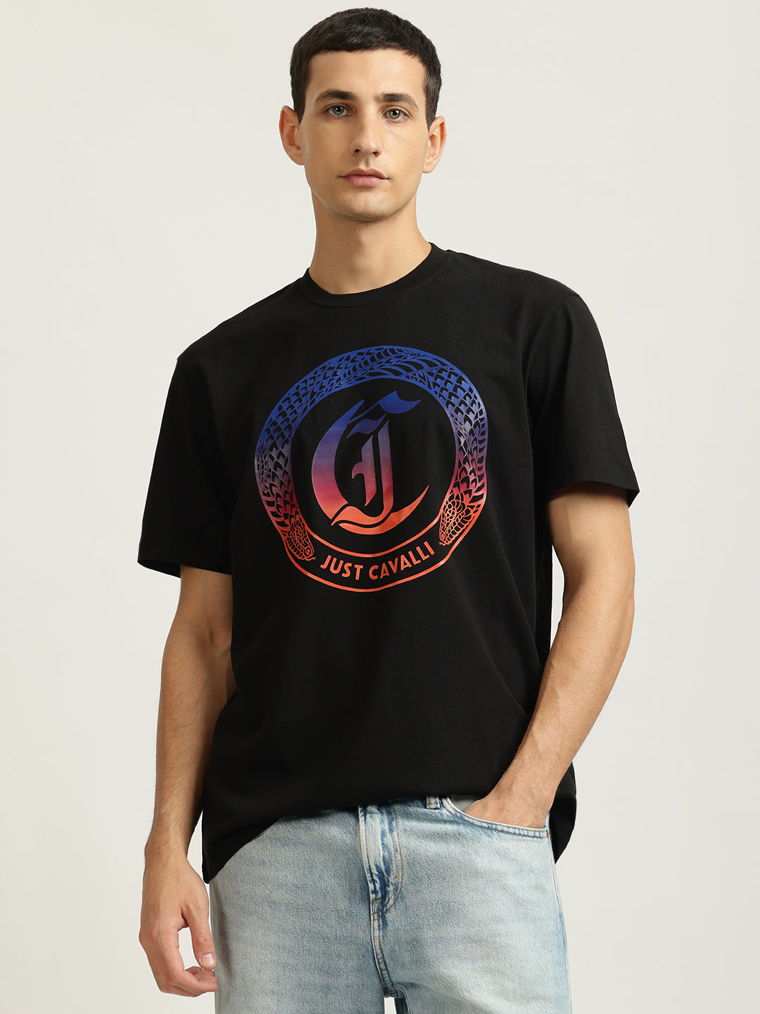Just Cavalli Men Black Printed Round Neck Short Sleeves Tshirt