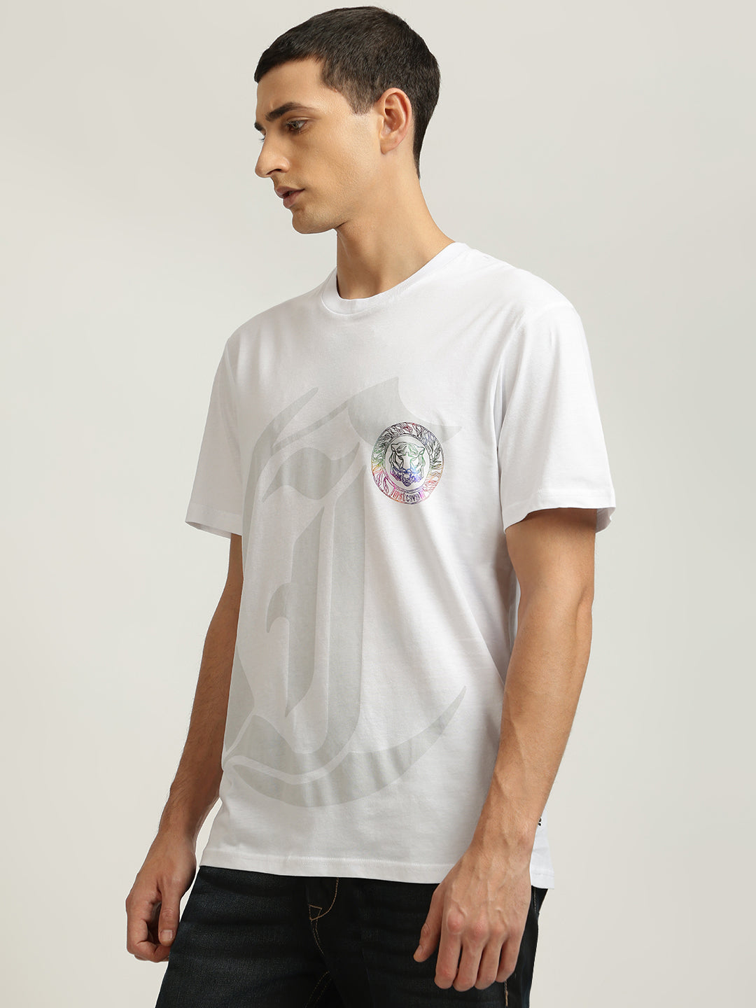 Just Cavalli Men White Printed Round Neck Short Sleeves Tshirt