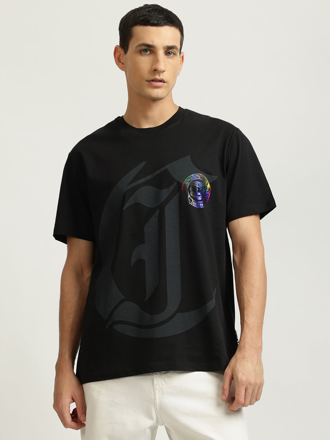 Just Cavalli Men Black Printed Round Neck Short Sleeves Tshirt